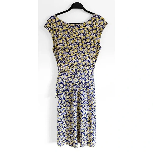 Max Mara Weekend Women's Blue Yellow Floral Printed V Neck Belted Midi Dress